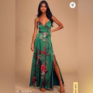 Lulus Emerald Green Floral Print Satin Maxi Dress (L)